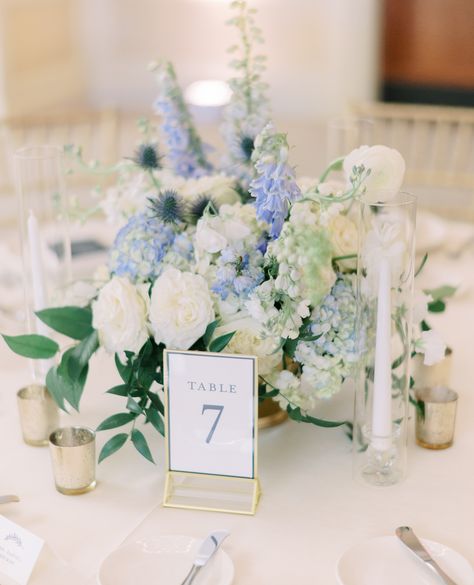 Dusty Blue Circle Table, Dusty Blue Flower Centerpieces Wedding, Table Decor With Hydrangeas, Wedding Table Flowers With Candles, Hydrangea And Delphinium Centerpiece, Blue Themed Wedding Table Decor, Formal Wedding Centerpieces Diy, Blue Floral Wedding Centerpieces, Dusty Blue September Wedding