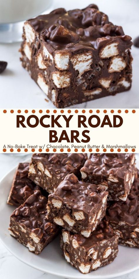 These no bake rocky road squares are filled with chocolate, peanut butter, rice krispies and marshmallows. Chewy, crunchy, a little gooey, and completely irresistible! #rockyroad #nobake #nobaketreats #ricekrispies #peanutbutter #chocolate #marshmallows #recipes #ricekrispietreats #nobakedesserts Rocky Road Squares, Rocky Road Bars, Marshmallow Squares, Double Recipe, Peanut Butter Rice Krispies, Pb Cups, Peanut Butter Marshmallow, Chocolate Marshmallow, Butter Rice