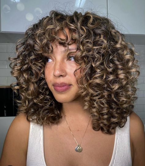 Accent Highlights Curly Hair, Short Curly Brunette Hair With Highlights, Spring Curly Hair Color, Sunkissed Highlights Curly Hair, Blonde Highlights Short Curly Hair, Dimensional Curly Hair, Sunkissed Hair Brunette Curly, Sunkissed Curly Hair, Highlights Short Curly Hair