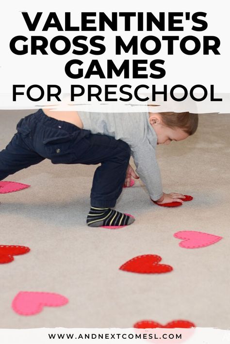 Looking for gross motor activities for Valentine's Day? Try these fun ideas using a package of hearts from the dollar store. Your toddlers and preschoolers will absolutely love these Valentine's Day gross motor activities! #valentinesday #grossmotor #kidsactivities #preschool #toddlers Preschool Pe, Gross Motor Activities For Kids, Kaba Motor Becerileri, Preschool Valentines Activities, Valentine's Activities, Preschool Valentine Crafts, February Crafts, Simple Activities, Fun Educational Activities