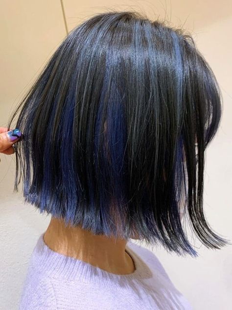 Blue Sombre for Bob Black Hair Blue Highlights Short, Hair Highlights Inspiration, Black Hair With Blue Highlights, Blue Hair Streaks, Highlights Inspiration, Blue Hair Highlights, Long Hair Highlights, Short Hair Highlights, Highlights Ideas