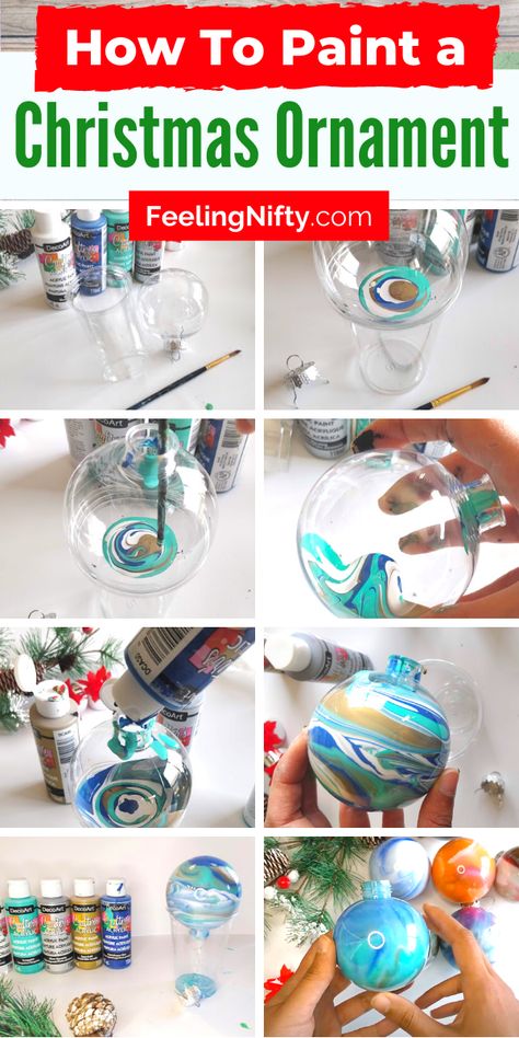 Swirl Ornaments Diy, Simple Diy Gifts For Christmas, How To Make Homemade Ornaments, Easy Christmas Crafts To Make For Gifts, Easy Crafts For Christmas For Kids, Plastic Ball Ornament Ideas Kids, Easy Christmas Ideas Gifts, Diy Ornaments Balls, Paint In Ornaments Diy