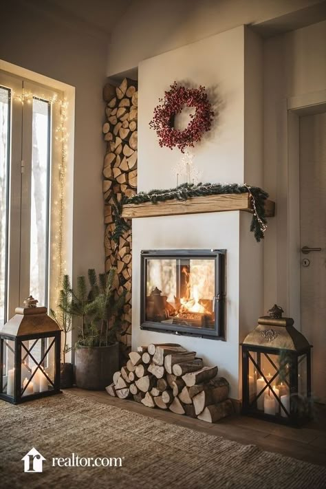 Christmas Barn, Interior Boho, Corner Fireplace, Home Fireplace, Hus Inspiration, Family Handyman, Winter Home Decor, Cozy Place, Home Decor Lights