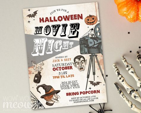 Halloween Movie Night Invitations, Movie Night Invitations, Film Party, Scary Films, Halloween Movie Night, Halloween Movie, Halloween Party Invitations, Halloween Movies, Movie Night