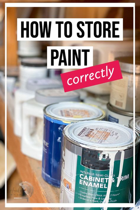 How to store paint the correct way. Learn all the tips and tricks on how to store paint the right way so it lasts a long time. Paint storage location, paint storage temperature. How to dispose of paint. #anikasdiylife How To Organize Paint Cans, Organizing Paint Cans, Storing Paint Supplies, Garage Paint Storage, How To Store Paint Cans, Gallon Paint Can Storage Ideas, How To Organize Paint Supplies, How To Store Paint, Paint Storage Ideas Garage