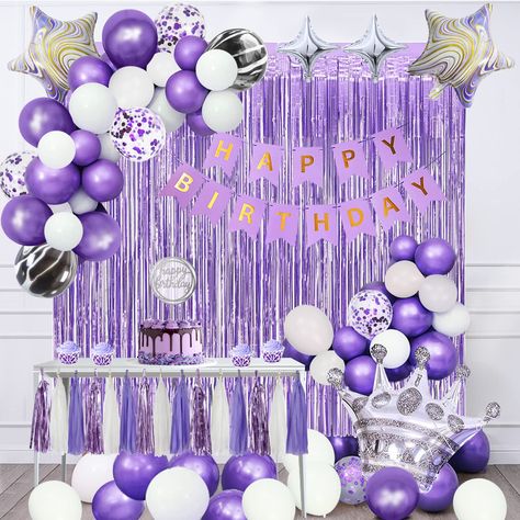 PRICES MAY VARY. 【PURPLE SILVER BIRTHDAY DECORATIONS KIT】 - Do you want a luxurious-look party favor? No one would dislike our purple birthday party decorations set. Best birthday gifts for girls/women/kids or baby. Not only fits for birthday party decorations, but also for anniversary, wedding celebration, baby shower and other special events that you want to decorate. 【BIRTHDAY PARTY DECORATIONS PACK INCLUDES】- A purple happy birthday banner, 2pcs purple tinsel foil fringe curtains backdrop (6 Purple Birthday Party Decorations, Purple Balloon Garland, Purple Birthday Decorations, Purple Happy Birthday, Purple Party Decorations, Purple Balloon, Purple Birthday Party, Balloons Decor, Birthday Party Balloons