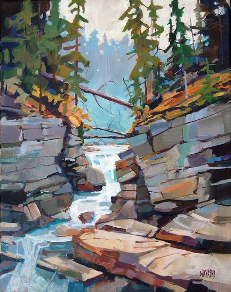 Painting by Canadian artist Randy Hayashi (born 1968): "Maligne Canyon" Randy Hayashi, Arte Peculiar, Lukisan Cat Air, Canadian Art, Mountain Paintings, Canadian Artists, Tree Art, Watercolor Landscape, Art Techniques