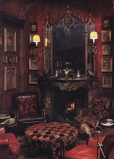 Renzo Mongiardino's gothic-revival parlour ("House Garden's Best in Decoration," 1987) Gothic Interior, Gothic Ideas, Victorian Interiors, Gothic Furniture, Medieval Gothic, Goth Home, Red Rooms, Victorian Decor, Gothic Victorian