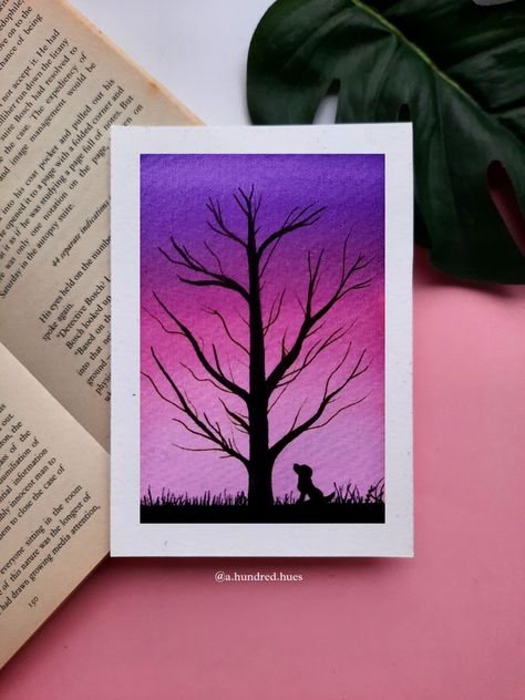 Shadow Painting Ideas On Canvas, Gradient Sky Painting, Monochromic Paintings, Canvas Scenery Painting Easy, Gradient Painting Ideas, Landscape Watercolor Paintings Easy, Sunset Watercolor Painting Easy, Pastel Painting Aesthetic, Sunset Silhouette Painting