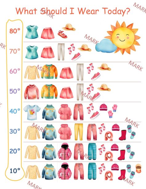 What I Should Wear Today? Weather Dressing Chart helps children decide what to wear according to outside temperatures. Choose between Celsius & Fahrenheit Choose the between 2 different temperature scales High quality images Letter sized PDF 4 Pages Any questions or requests, feel free to contact me! Weather Temperature, Baby Temperature, Weather Chart, Family Binder, What Should I Wear Today, Outfit Tips, Todays Weather, Routine Tips, Microsoft Publisher