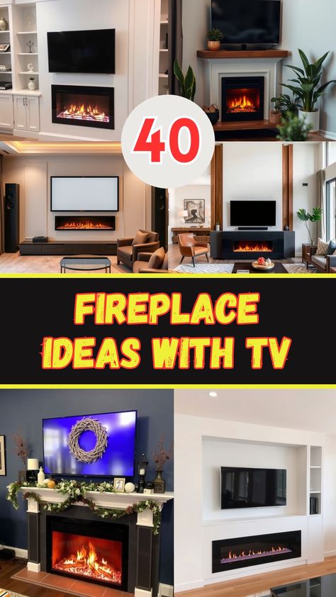 Electric fireplace designs with TV setups, highlighting modern, vintage, and rustic styles for corner and small space decor. Styling Electric Fireplace, Electric Fireplace With Surround, Tv Unit Design Modern With Fireplace, Built In Fireplace Ideas, Wall Mounted Electric Fireplace Under Tv Ideas, Tv Over Electric Fireplace Ideas, Fireplace Wall With Tv Above, Mock Fireplace Ideas, Electric Fireplaces With Tv Above