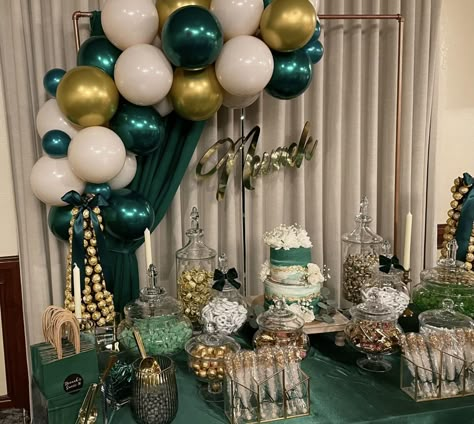 Emerald green candy table. Emerald green balloon arch. Emerald Green And Gold Sweets Table, Emerald Green Quince Candy Table, Hunter Green Sweet 16 Decorations, Emerald Green Snack Table, Emerald Green Quinceanera Dessert Table, 18th Birthday Party Green And Gold, Quiencera Themes Emerald Green, Emerald Green Centerpieces Sweet 16, Emerald Green Dessert Table Ideas