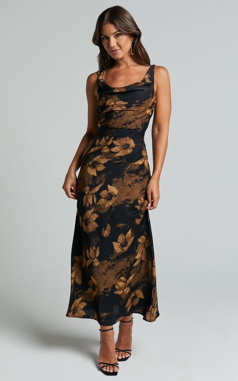 Turn heads at your next formal event with the Dara Midi Dress in Amber Floral Print. This sleeveless slip dress features a low scoop neck and a flirty midi length, making it perfect for showing off your personal style. Made from luxurious satin polyester fabric, this black dress is both comfortable and chic. Whether you pair it with heels for a night out or layer it under a blazer for a more professional look, the Dara Midi Dress is sure to make you feel empowered and confident. Product Details: Midi Dress Fall, Spring Wedding Guest Dress, Feel Empowered, Fall Wedding Guest Dress, Guest Attire, Wedding Attire Guest, Cocktail Attire, Grad Dresses, Sister Wedding