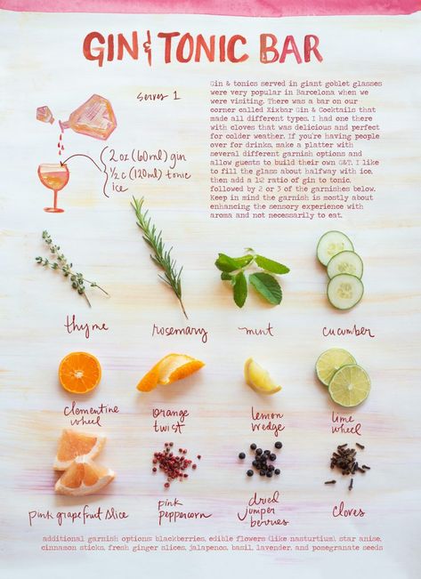 A Gin & Tonic Bar is Your Thanksgiving Cocktail Solution - Camille Styles Gin Tonic Recetas, Best Gin Cocktails, Forest Feast, Thanksgiving Cocktail, Fest Mad, Honey Roasted Carrots, Tonic Recipe, Gin Recipes, Gin Tasting