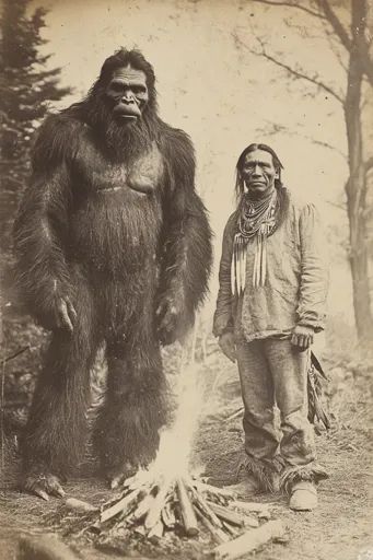 ↑↑↑ Larger size on website 🔸 The black and white photograph shows a large, hairy figure standing next to a Native American man. B Real Bigfoot Pictures, Relaxed Poses, Sasquatch Art, Blackfoot Tribe, Cryptid Art, Bigfoot Pictures, American Indian Artwork, Bigfoot Art, Indian Wall Art