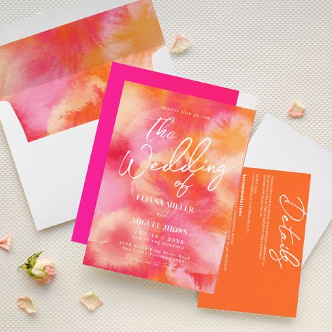 Orange And Pink Wedding, Invitations Pink, 22 Birthday, Hot Pink Weddings, Orange Watercolor, Watercolor Wedding Invitation, Orange Party, Summer Wedding Invitations, Spring Wedding Invitations