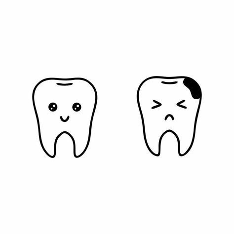 Two teeth with cute faces. A healthy tooth and tooth decay. Vector set on the topic of hygiene and oral care. Illustration for a dental clinic. Tooth Pictures Cute, Cute Tooth Drawing, Tooth Drawing Cute, Teeth Doodle, Medicine Doodles, Tooth Doodle, Tooth Drawing, Tooth Illustration, Tooth Clipart