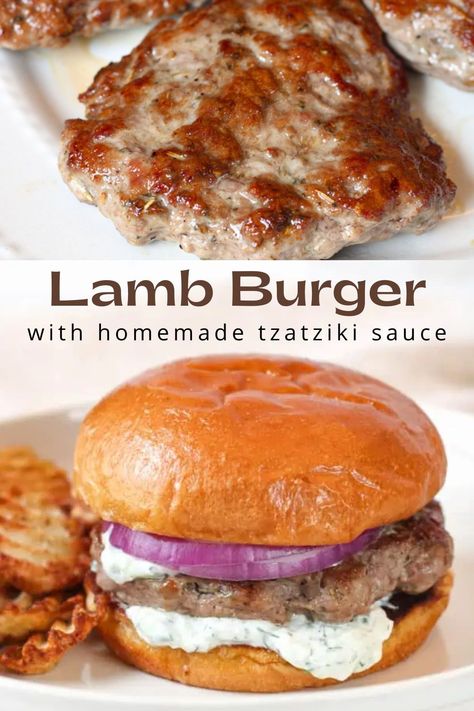 These juicy and flavorful lamb burgers with tzatziki sauce are a wonderful switch-up from your normal beef burgers. Filled with deep lamb flavor these tender lamb patties are topped with a homemade tzatziki sauce and sliced red onions on a toasted buttery bun. Served with crinkle fries for the ultimate summer meal! Gyro-style Lamb Burgers With Tzatziki And Grilled Onions, Lamb Hamburger Recipes, Lamb Patties Recipes, Lamb Burgers With Tzatziki, Lamb Burgers Patties, Ground Lamb Burgers, Lamb Meals, Lamb Burger Recipe, Lamb Sandwich