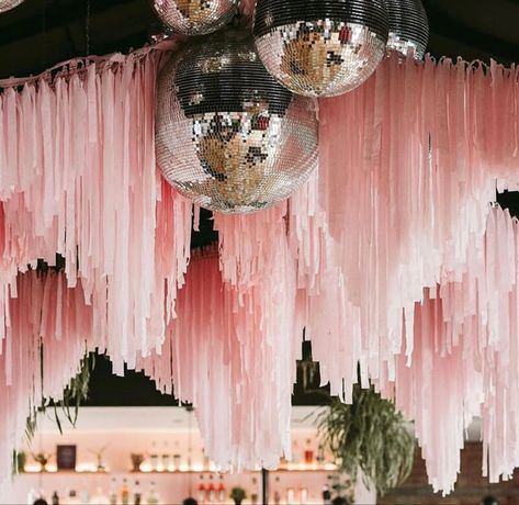 Ceiling Party Decor Ideas, Decorating A Large Space For A Party, Big Party Decorations, 18th Birthday Disco Party, Pink Hens Party Decorations, Pink Gatsby Party, Classy Backyard Party, House Party Decorations Birthday, Pink Disco Party Decorations