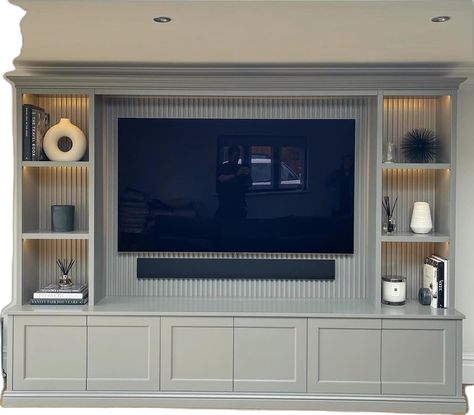 Long Built In Tv Cabinet, Media Wall Cabinet, Media Wall Panelling Ideas, Long Media Wall, Living Room Built In Units, Media Wall Design, Tv Wall Unit Designs, Long Living Room Layout, Room Panelling