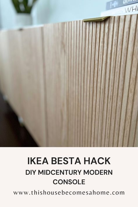 Yearning to add a touch of midcentury style to your home without breaking the bank? Look no further than this IKEA BESTA hack. By incorporating fluted details into the console's front, you can create a unique and stylish piece that's sure to impress. Besta Tv Unit Legs, Ikea Hacks Tv Unit, Ikea Hacks Tv Console, Ikea Hack Credenza, Diy Ikea Tv Unit, Ikea Besta Tv Unit Ideas, Ikea Besta Door Hack, Ikea Console Hack, Björköviken Ikea Hack