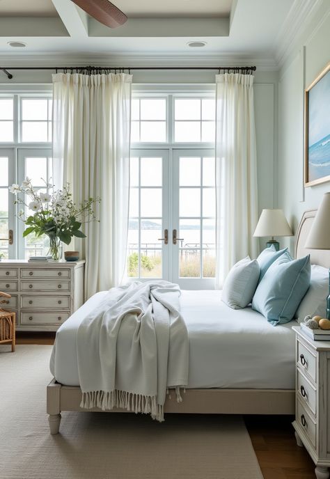 Coastal Bedroom Decorating,Coastal Bedrooms,Coastal Bedroom,Coastal Bedroom Ideas,Beachy Bedroom,Costal Bedroom,Coastal Bedroom Decor,Coastal Bedroom Decorating Ideas,Modern Coastal Bedroom,Calm Coastal Bedroom Coastal Curtains, Light Blue Walls, Coastal Bedroom, Coastal Retreat, Master Bed, Curtain Ideas, Seaside Getaway, Master Bedding, Green Accents