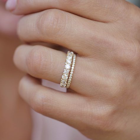 Band Style Engagement Ring, Simple Wedding Band Stack, Women Gold Wedding Band, Wedding Band Combinations, Simple Engagement Bands For Women, Women’s Gold Wedding Band, Ring Stack Mixed Metal, Pave Engagement Ring With Wedding Band, Women’s Wedding Bands