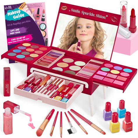 PRICES MAY VARY. This adorable makeup studio for kids gives your little one everything she needs to kickstart her beauty life. Includes a complete array of makeup, from foundation and blush to a vibrant palette of eyeshadow, to an assortment of lipstick and lip gloss, and nail polish. Have peace of mind knowing our kids’ makeup set uses only kid-friendly, non-toxic ingredients, meeting all safety standards. Enjoy easily washable cosmetics that wipe off effortlessly, making cleanup a breeze with Kids Makeup Kit, Star Princess, Makeup Toys, Makeup Kit For Kids, Remove Makeup From Clothes, Princess Makeup, Princess Kids, Cosmetic Sets, Kids Makeup