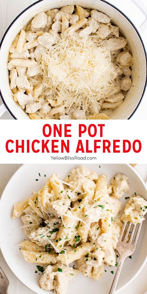 One Pot Chicken Alfredo is an easy 30-minute meal that's cooked all in one pan for easy clean up. It's a creamy pasta dish that's comforting and filling. Easy Chicken Alfredo Pasta, One Pot Chicken Alfredo, Fetuchini Alfredo, Simple Chicken Alfredo Recipe, Chicken Alfredo Recipe, Pasta Recipes Alfredo, Creamy Pasta Dishes, Chicken Alfredo Recipes, Chicken Alfredo Pasta