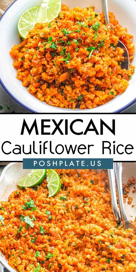 Fluffy Mexican Cauliflower Rice seasoned with sweet red pepper paste, spices, lime, and fresh cilantro. It's a completely low-carb alternative to traditional Mexican rice. Serve alongside your favorite Mexican Dish, or eat a bowl of this alone. It's dairy-free, gluten-free, and vegan! Spanish Cauliflower Rice, Mexican Cauliflower Rice, Mexican Cauliflower, Taco Side Dishes, Restaurant Plan, Mexican Side Dishes, Low Carb Mexican, Cauliflower Rice Recipes, Rice Recipes For Dinner