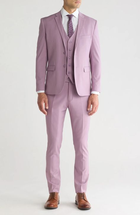 Gino Vitale Skinny Fit Solid Stretch Three Piece Suit | Nordstromrack Mens Lavender Suit, Purple Suit For Wedding, Colored Groom Suit, Lilac Suit Men, Spring Suits For Men, Pastel Suits For Men, Purple Suit Men, Lavender Tuxedo, Light Purple Suit