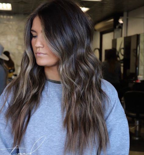 Dark Cool Balayage Brunettes, Fall Hair Color Ash Brown Dark, Dark Face Frame Hair, Dark Brown With Mushroom Brown Balayage, Dark Brown Hair Teasy Lights, Balayage For Dark Brown Hair Layers, Ash Brown Hair Toner Formula, Dark Brown Hair Ash Balayage, Dark Ash Highlights On Dark Hair