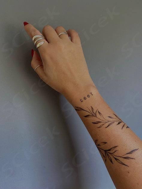 Leave Arm Tattoo, Vines On Wrist Tattoo, Leaves Around Wrist Tattoo, Leaf Tattoo Around Arm, Long Wrist Tattoo, Full Arm Vine Tattoo, Ivy Wrist Tattoo, Leave Tattoo Design, Leaves Wrap Around Tattoo