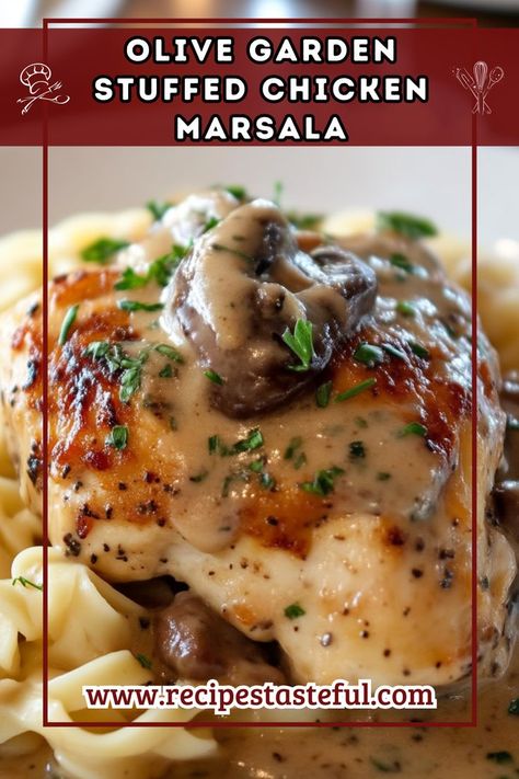 This Olive Garden-inspired Stuffed Chicken Marsala features tender chicken breasts filled with a rich blend of cheeses and sun-dried tomatoes, all topped with a savory mushroom Marsala sauce. Perfect for a special dinner or a family gathering, this dish is sure to impress. Marsala Sauce Recipe, Mushroom Marsala Sauce, Stuffed Chicken Marsala, Mushroom Stuffed Chicken Breast, Mushroom Stuffed Chicken, Mushroom Marsala, Sundried Tomato Chicken, Marsala Sauce, Olive Garden Recipes