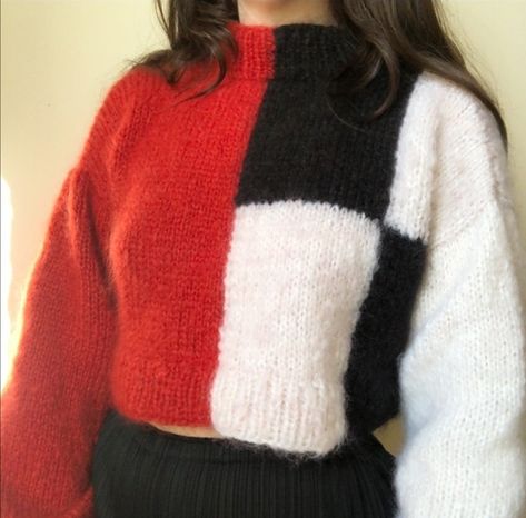 Checkerboard Knit Sweater, Graphic Knit Sweater Pattern, Trendy Knitting Patterns, Colorful Knitted Sweaters, Knitted Sweaters Aesthetic, Sweater Patterns To Knit, Crochet Inspo Aesthetic, Unique Knitting Projects, White And Red Crochet