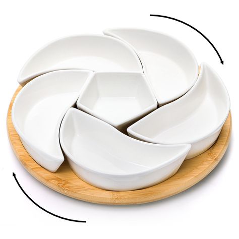 PRICES MAY VARY. Perfect Size: The entire unit of Cididu lazy Susan ceramic serving platter measures approx. 11.0" D x 2.6" H (the swivel bottom tray is 11.0" D x 1.0"H, and the two sizes of bowls is about 1.6" in depth), which is perfect for small parties and gatherings. Rotatable Serving Dish: Our round appetizer serving tray is crafted with a swivel bamboo tray at the bottom. It can be turned 360 degrees freely and smoothly which allows you to reach and grasp the food you want from any side i Lazy Susan Serving Tray, Ceramic Serving Tray, Serving Dishes Set, Appetizer Tray, Party Kitchen, Snack Platter, Appetizer Trays, Nut Snacks, Bamboo Tray