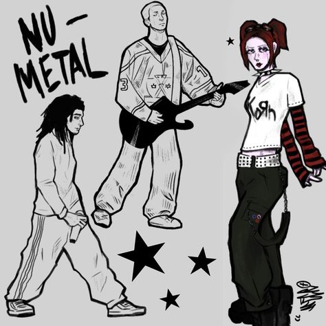 2 men and 1 girl digital art character design metalheads, fashion clothes 90's Y2k outfits, Korn t-shirt, guitarist, aesthetic art,  eyebrow piercing dyed red hair chocker baggy pants hockey jersey Adidas tracksuit nu metal drawing fanart Metal Head Character Design, Metalhead Character Design, Red Hair Dyed, Metalhead Style, Style Character Design, Designs Y2k, Hair Digital Art, Hair Digital, Art Alternative