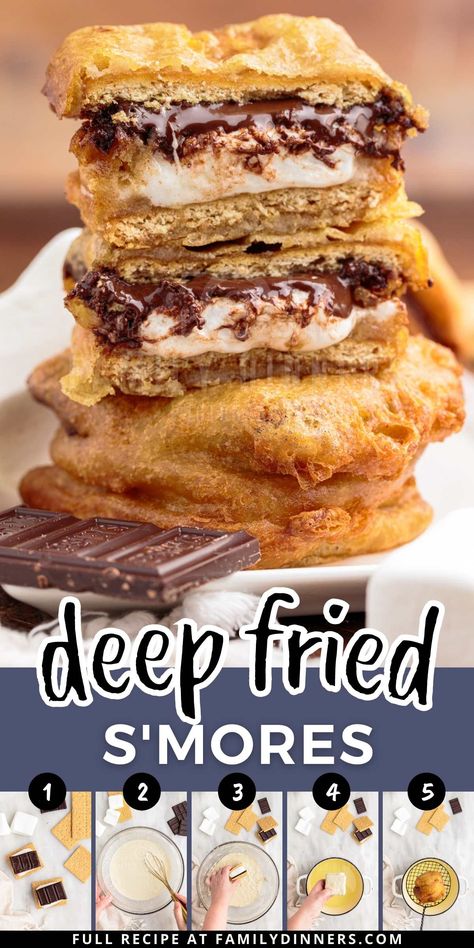 Make the most deliciously melty, gooey deep fried s'mores. These warm chocolate s'mores have marshmallows, graham crackers, chocolate and a deep fried batter. A battered s'more is what you want to do when it's time to take s'mores to the next level. Eat them while they're hot! Fried Smores, Deep Fried Fair Food, Food Truck Desserts, Deep Fried Desserts, Deep Fryer Recipes, Deep Fried Recipes, Fried Dessert, Philly Food, Smore Recipes