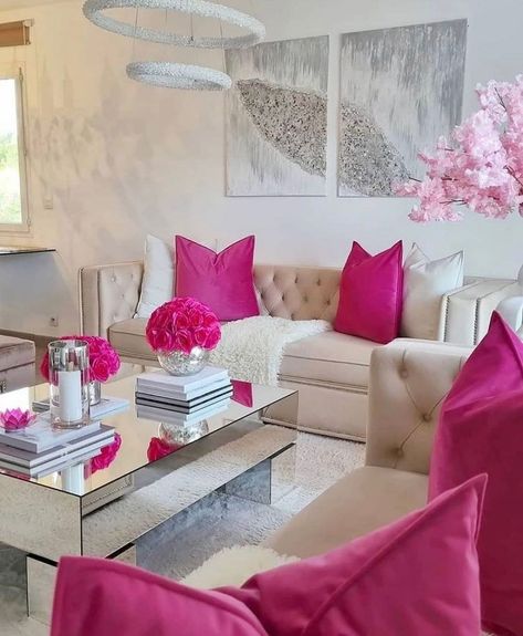 Living Room Salon, Soft Glam Apartment, Pink House Decor Living Room, Hot Pink Apartment, Hot Pink Living Room, Cozy Glam Living Room, Pink House Interior, Pink Living Room Decor, Salas Living Room