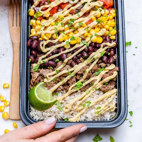 Easy Beef Burrito Meal Prep Bowl Recipe | Healthy Fitness Meals Burrito Meal Prep, Beef Burrito Bowl, Ground Beef Burritos, Healthy Burrito, Beef Burrito Recipe, Burrito Bowl Meal Prep, Healthy Burrito Bowl, Burrito Bowl Recipe, Beef Burrito