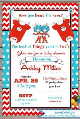 Thing 1 Thing 2 Baby Shower Invitation - Twins baby Shower Invite Twin Baby Shower Theme, Twin Boys Baby Shower, Thing One Thing Two, Dr Seuss Baby Shower, Twins Baby Shower Invitations, Twin Shower, Thing One, Baby Twins, Twins Baby