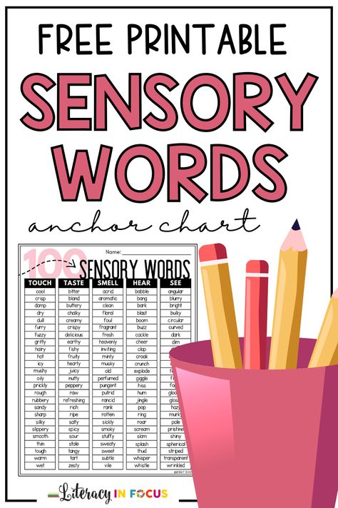 Use this FREE printable PDF list of 100 sensory words to teach imagery! It’s perfect for teaching students in upper elementary and middle school how to add descriptive details to their narrative writing. Use the list to create an anchor chart to help students add sensory language to their writing. Inspire creativity and improve writing with this helpful worksheet! Click to get your freebie now! #4thgrade #5thgrade #thirdgrade #fourthgrade #fifithgrade Descriptive Writing Ideas, Sensory Language Anchor Chart, Descriptive Words Anchor Chart, Sensory Words Anchor Chart, Sensory Details Anchor Chart, Sensory Details In Writing, Descriptive Writing Grade 2, Descriptive Words Writing, Personal Narrative Anchor Chart