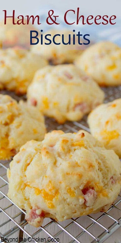 Quick drop biscuit filled with ham and cheese. No rolling needed! These biscuits are perfect with soup, salad, lunch, or on a picnic. #biscuits  #hambiscuits  #hamandcheesebiscuits Ham And Cheese Baked, Ham And Cheese Biscuits, Homemade Biscuits Recipe, Yummy Biscuits, Salad Lunch, Cheese Baked, Biscuit Rolls, Drop Biscuits, Cheese Biscuits