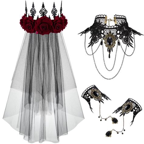 PRICES MAY VARY. Nice Combination Set: we will provide you with 5 pieces Halloween costume set, including 1 piece black wedding veil, 1 pairs bracelets, 1 piece necklace vintage jewelry and 1 piece red rose headpiece, enough in quantities and styles to meet your daily requirement of using Details of Size: main length of bracelet is about 13.4 inches, width is about 6.7 inches; The length of bracelet is about 5.3 inches, width is about 7.5 inches; The extended chain is about 2 inches, please refe Black Lace Veil, Black Bridal Veil, Black Wedding Veil, Gothic Wedding Theme, Vampire Wedding, Rose Headpiece, Black And Red Roses, Lace Mantilla, Gothic Floral