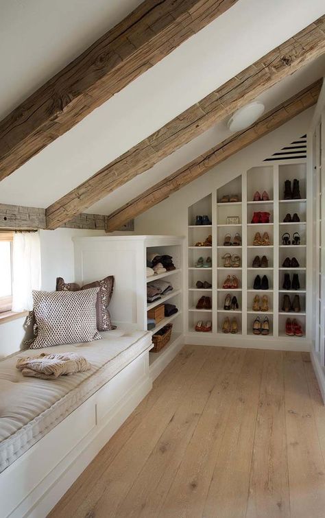 Exposed Beams and Exposed Shoes #spacesaving #storage #organization #decorhomeideas Attic Room Ideas Slanted Walls, Slanted Wall Bedroom, Small Attic Room Ideas, Small Attic Room, Attic Room Ideas, 25 Aesthetic, 16 Aesthetic, Attic Bedroom Storage, Cozy Attic