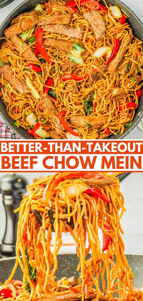 Beef Chow Mein - Averie Cooks Easy Asian Noodle Recipes, Easy Asian Noodles, Beef Chow Mein, Chow Mein Recipe, Asian Noodle Recipes, Asian Beef, Chicken Chow Mein, Takeout Food, Ramen Recipes