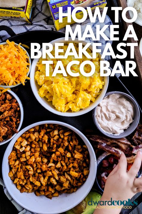 A breakfast taco bar is a fun way to start any day with a protein-packed breakfast your whole family is going to enjoy. My family loves taco bars in general. It is a nice way for everyone to get what they want, but a breakfast taco bar takes it to a whole new level. Breakfast Burrito Buffet, Breakfast Taco Bar Brunches, Brunch Taco Bar, Breakfast Taco Board, Breakfast Taco Brunch Party, Breakfast Tacos Bar, Breakfast Taco Bar For A Crowd, Breakfast Burrito Charcuterie Board, Breakfast Burritos Bar