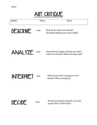 Art Critique Worksheet by The Messy Paint Box | TPT Art Critique Worksheet, Analysing Art, Middle School Art Room, Art Curriculum Map, Artist Statement Template, School Art Room, Art Vocabulary, Art Rubric, Art Analysis