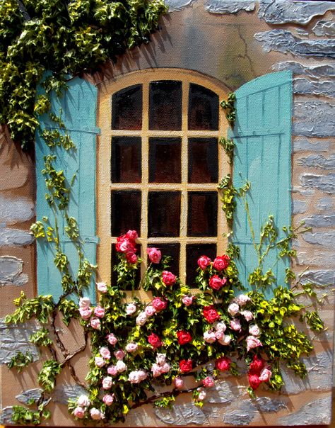 original oil on canvas of a cottage window Cottage Windows, Green Shutters, Amazing Houses, Blue Shutters, Window Box Flowers, Window Sills, Seni Cat Air, Window Boxes, Window Painting