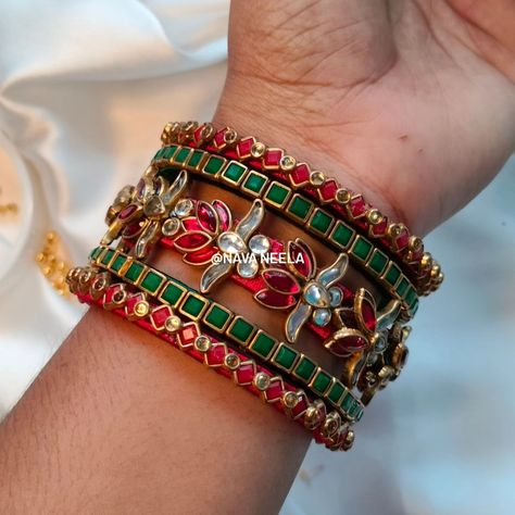 A grand bridal bloom, red Lotus divine, 🪷💚 Green leaves cradle designs so fine, ✨ In her elegance, she will brightly shine. 👰‍♀️👑 . . . Design Code - Nava0099 . . “Get yours now in your favorite color! 🎨✨" . . "Customize bangles with raw silk thread! 🎨💫@nava.neela" . . DM us on Instagram or WhatsApp to 8300830771 . . #navaneela #bangles #silkthreadbangles #silkthreadjewelry #kundanbangles #weddingbangles #bridalbangles #returngifts #festivebangles #southindianbangles #bride #bangleset #weddin... Kundan Bangles, Red Lotus, Silk Thread Jewelry, Silk Thread Bangles, Bangles Indian, Bridal Bangles, Bangle Set, Silk Thread, Raw Silk